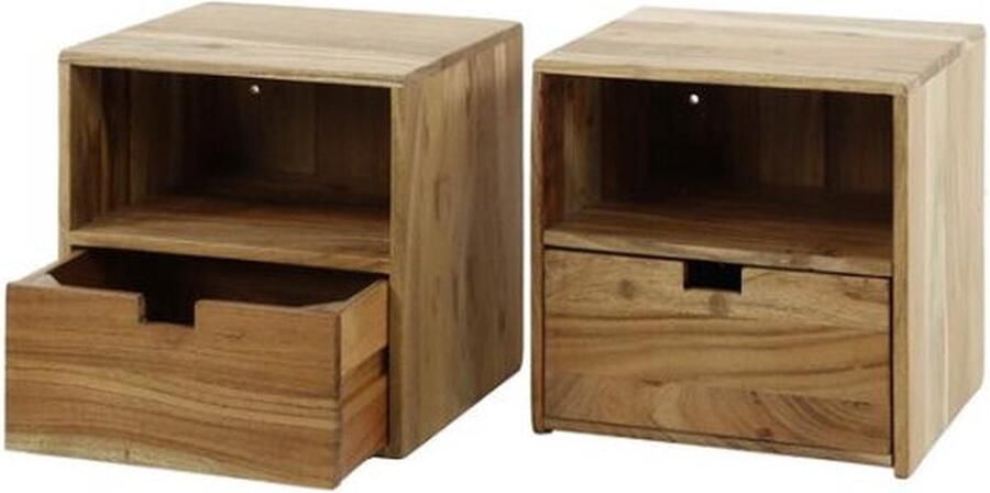 Meubelplaats Nachtkastje Flat Zwevend Set van 2 Acacia hout Hangend Minimalistisch Design met Lade en Open Vak Wandmeubel 30x25x30 cm Ruimtebesparend en Stijlvol