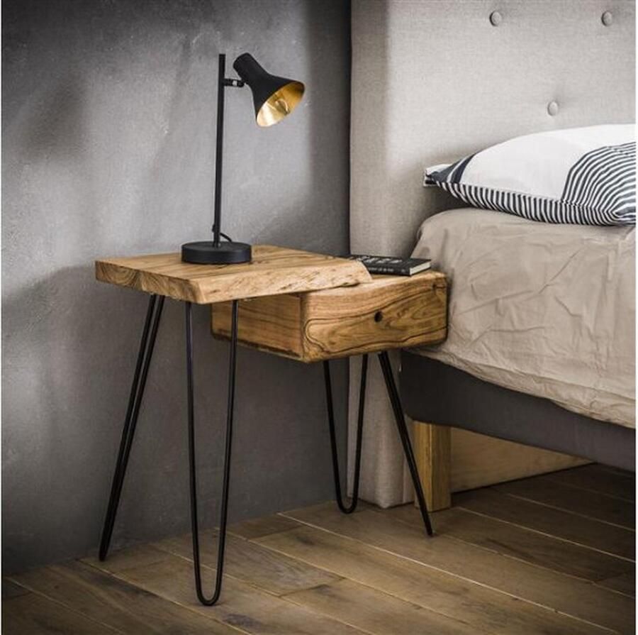 Meubelplaats Nachtkastje Timber Links Massief Acaciahout met Boomstamrand en Zwart Metalen Poten Naturel 60x32x59 cm