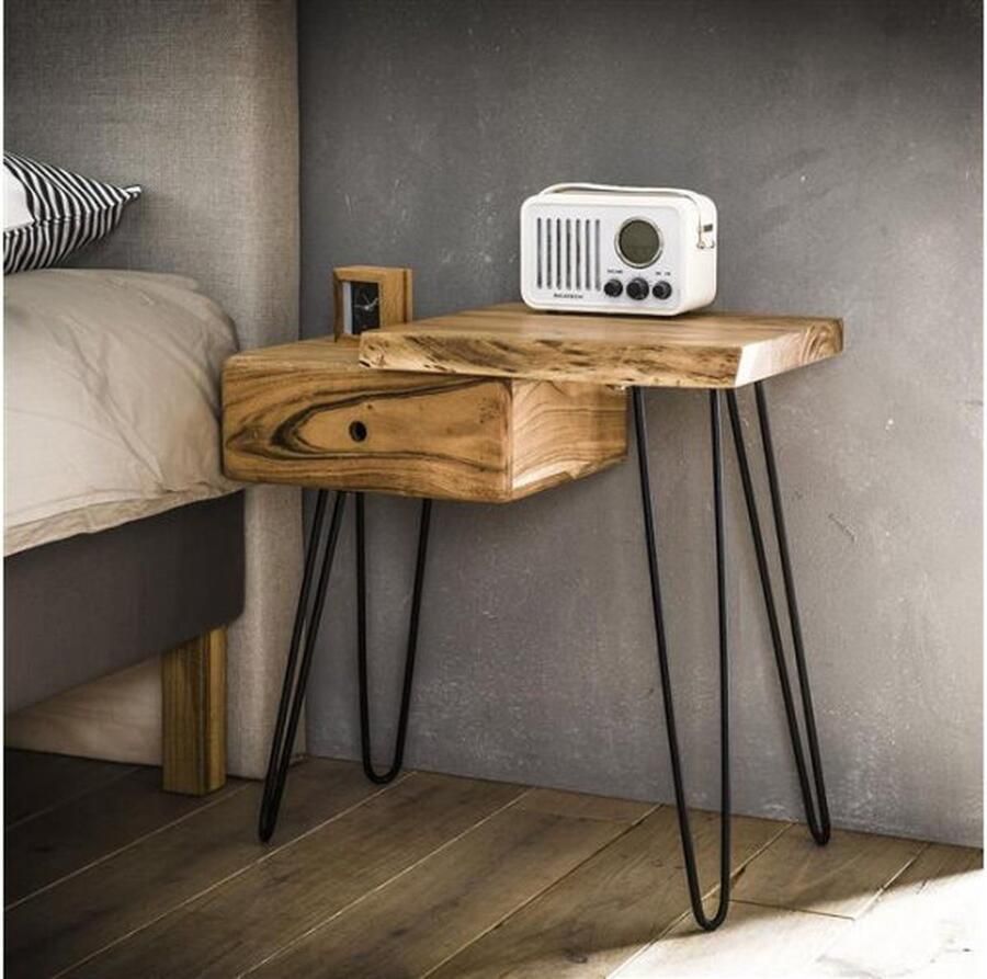 Meubelplaats Nachtkastje Timber Rechts Massief Acaciahout met Boomstamrand en Zwart Metalen Poten Naturel 60x32x59 cm