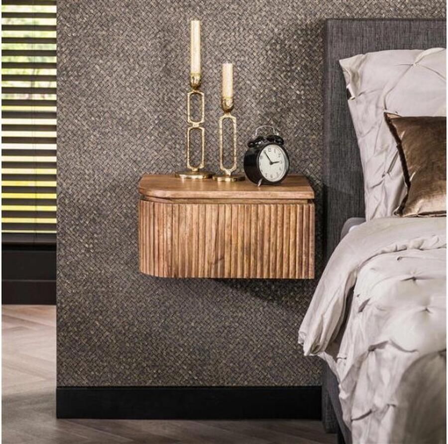 Meubelplaats Nachtkastje Wave hangend Set van 2 L+R Mangohout Zandkleur Uniek Golvend Design Ruimtebesparend Zwevend Model 40x35x20 cm