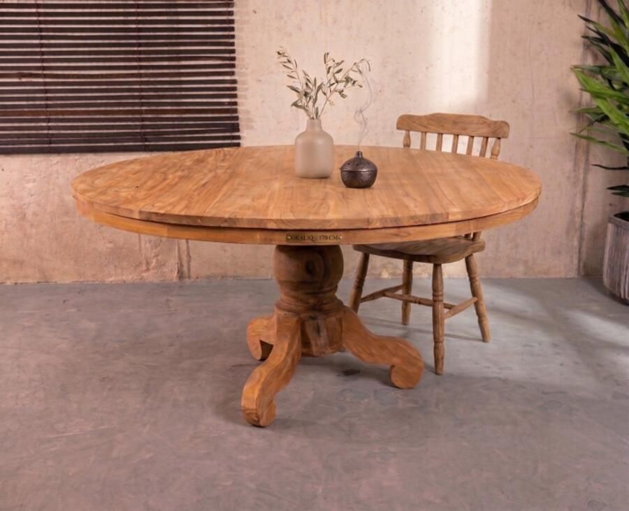 Meubelplaats Ronde Eettafel Teakhout met Bolpoot Bali Ø140x78 cm Massief Hout Elegante Afwerking - Foto 2
