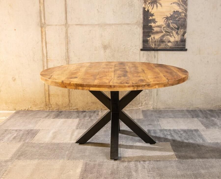 Meubelplaats Ronde Mango Eettafel Spider 160x160x77 cm Industrieel Design Massief Mangohout