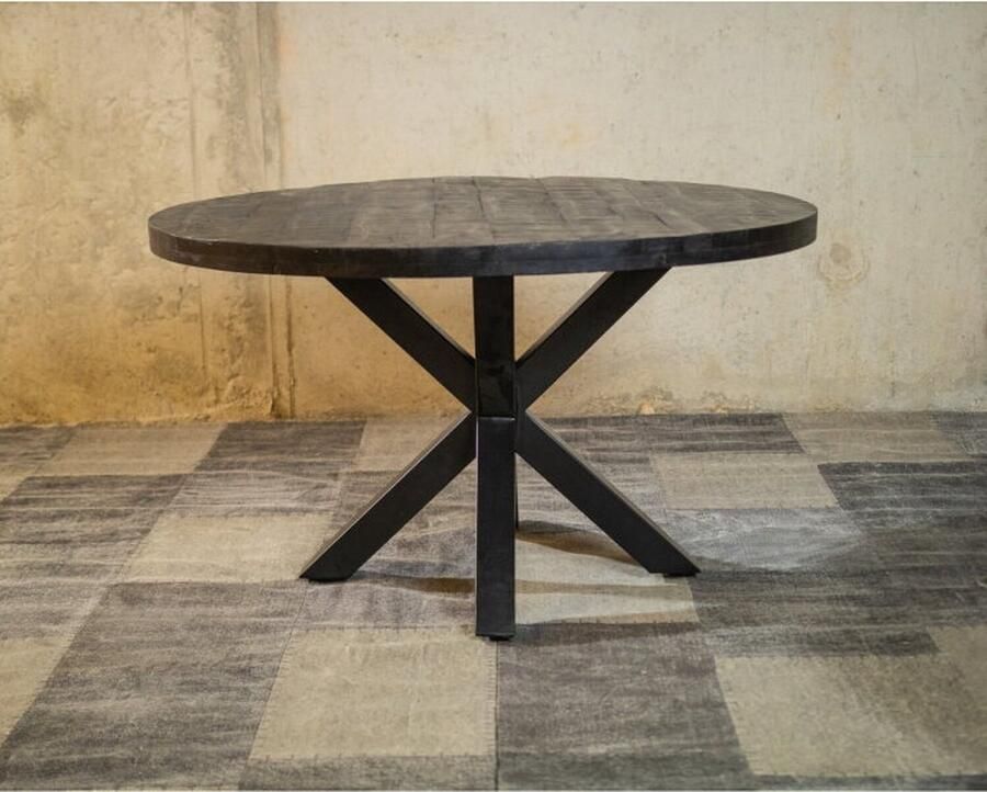 Meubelplaats Ronde Zwarte Mango Eettafel Black Spider 100 cm Industrieel Design Massief zwart Mangohout