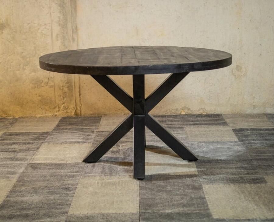 Meubelplaats Ronde Zwarte Mango Eettafel Black Spider 120 cm Industrieel Design Massief zwart Mangohout