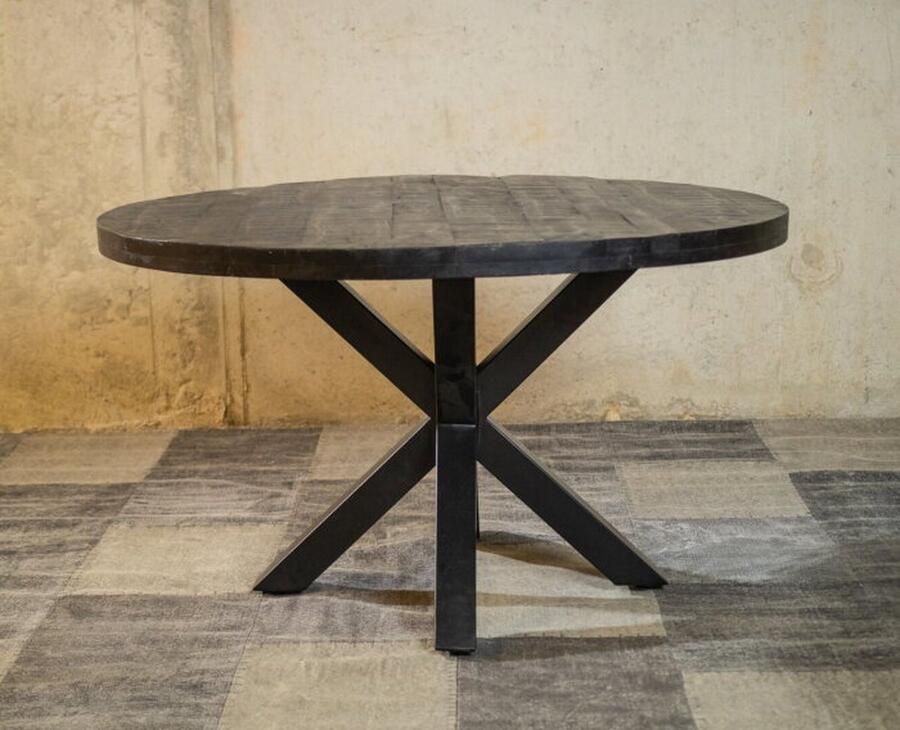 Meubelplaats Ronde Zwarte Mango Eettafel Black Spider 130 cm Industrieel Design Massief zwart Mangohout