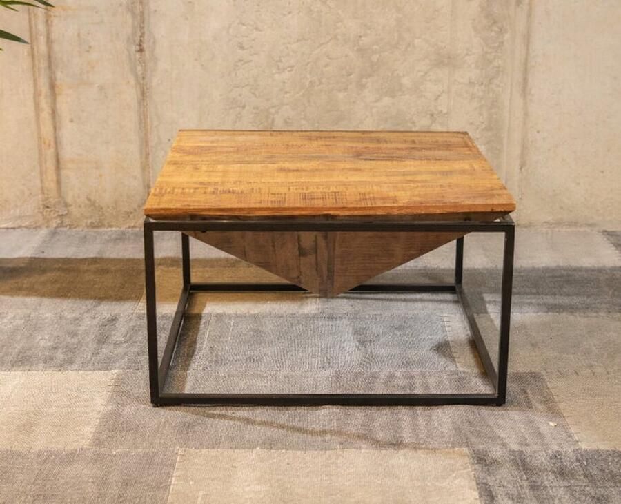 Meubelplaats Salontafel Diamant Mangohout 80x80 cm Zwart Metalen Frame Industrieel Design
