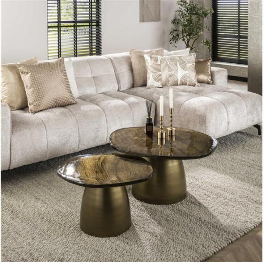 Meubelplaats Salontafel Eclips set van 2 Glas Goud antiek finish