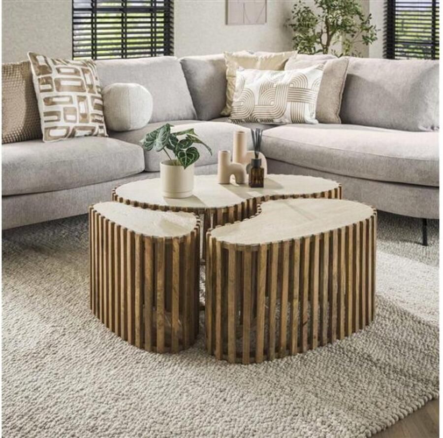 Meubelplaats Salontafel Nuovo set van 3 organisch travertin keramiek Beige