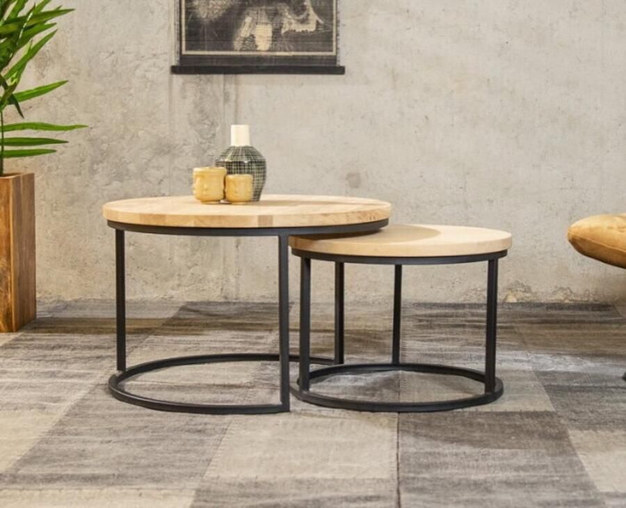 Meubelplaats Salontafel Olaf Set van 2 rond Eiken 3 cm dik blad Ronde Tafels massief eikenhout