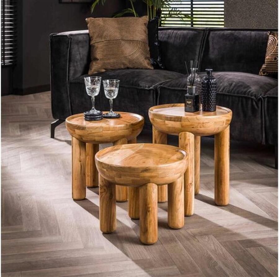 Meubelplaats Salontafel set 3 massief rond Massief acacia naturel