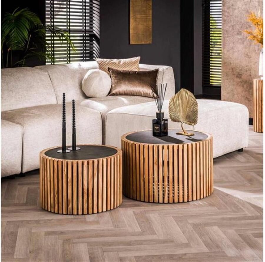 Meubelplaats Salontafel Silvia rond set van 2 Leisteen met acaciahouten frame moderne look set van twee salontafels