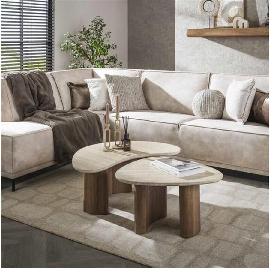 Meubelplaats Salontafel Travertin keramiek set van 2 organisch mangohout