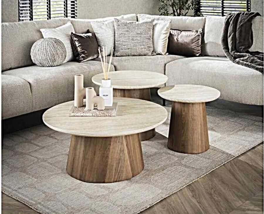 Meubelplaats Salontafel travertin keramiek set van 3 rond Japandi 80x80x35 cm - Foto 2