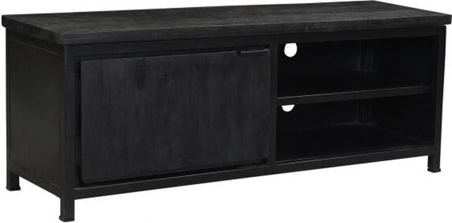 Meubelplaats Tv meubel Bas Mangohout 140x40x52 cm zwart Industrieel Design Landelijk Robuust 1 Deur & 2 Open Vakken