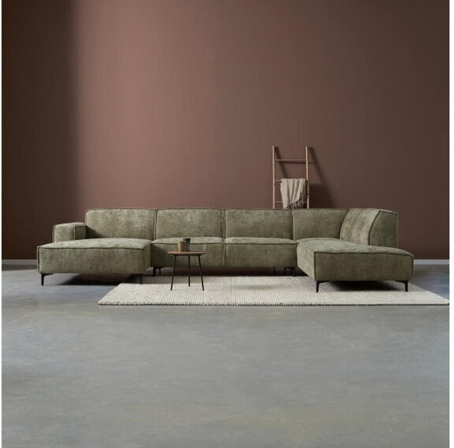 Meubelplaats U-bank RIVER Hoekbank – Chaise Longue Links + 2 5-Zits + Ottoman Rechts – Stof Majestic Groen – 368 cm
