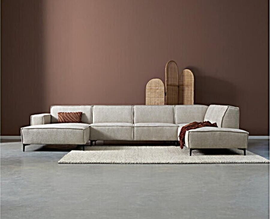 Meubelplaats U-bank RIVER Hoekbank – Chaise Longue Links + 2 5-Zits + Ottoman Rechts – Stof Majestic Beige – 368 cm