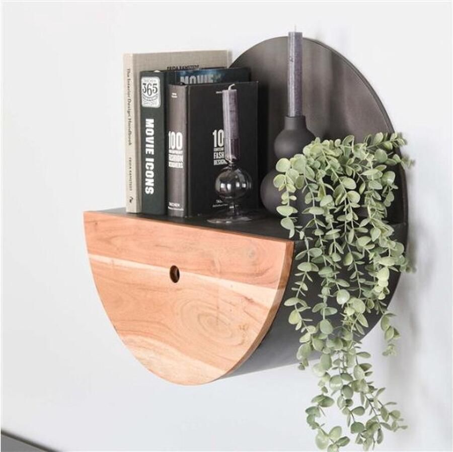 Meubelplaats Wandschap half moon Ø50 met lade acacia naturel