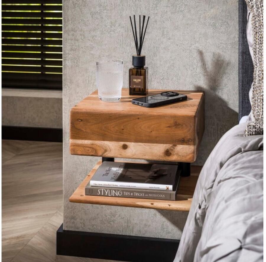 Meubelplaats Zwevend Nachtkastje Shelve Acaciahout met 1 Lade en Schap Compact en Stijlvol Wandontwerp 35x32x27 cm hangend nachtkastje - Foto 2