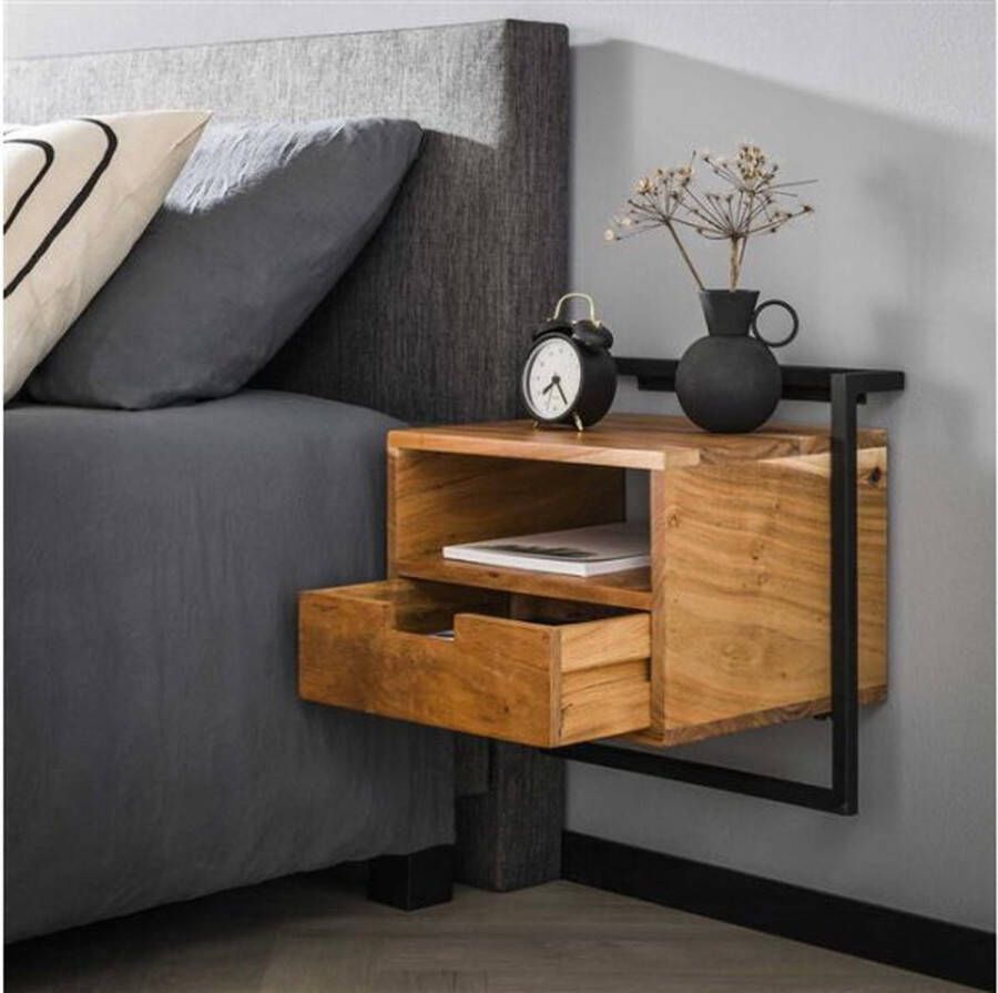 Meubelplaats Nachtkastje Open Air Solid Massief Acaciahout met Open Vak en Lade Hangend Design voor Moderne Slaapkamers 44x35x45 cm Zwevend nachtkastje