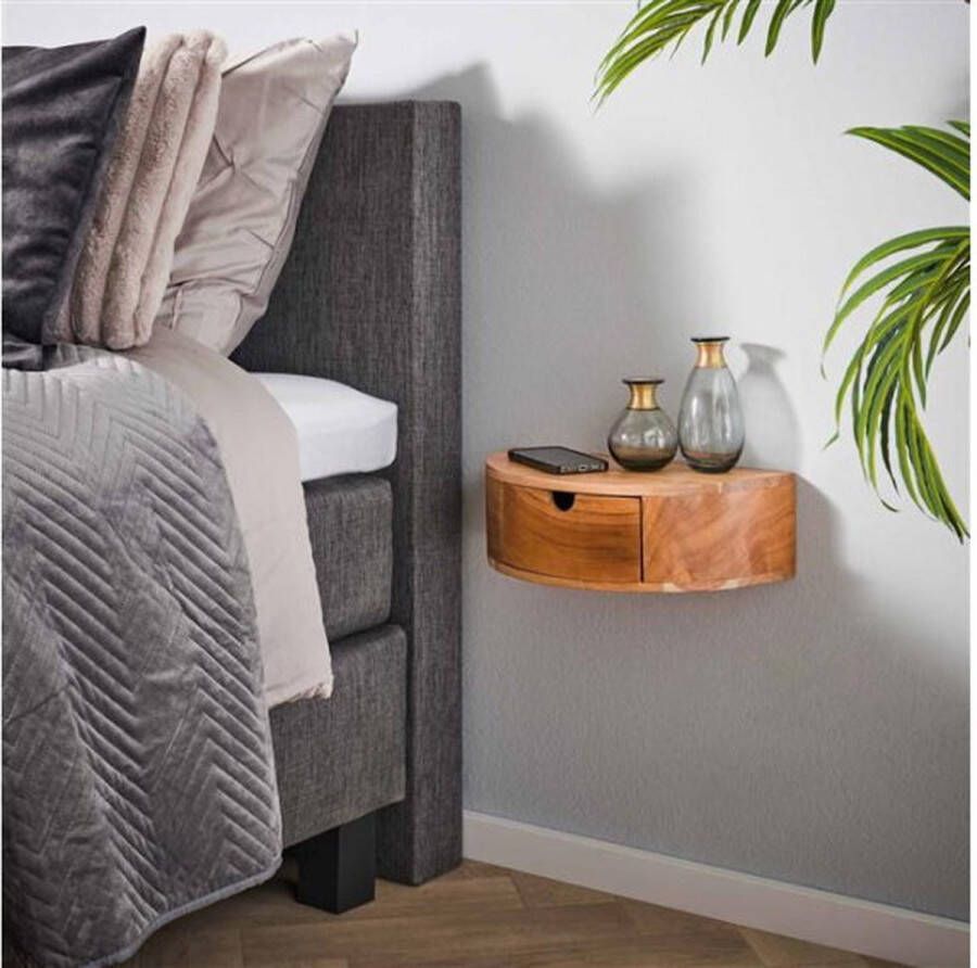 Meubelplaats Nachtkastje Curve Zwevend Acaciahout met 1 Lade en Schap Elegant Rond Design Wandschap 40x20x12 cm Hangend nachtkastje