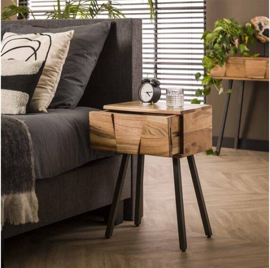 Meubelplaats Nachtkastje Demn Massief Acaciahout met Unieke Frontbewerking en Lade Bijzettafel 40x30x60 cm