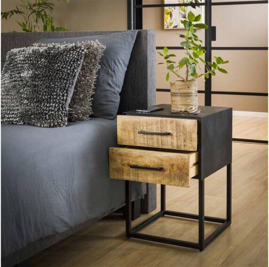 Meubelplaats Nachtkastje Metal Wood 2 Lades Mangohout