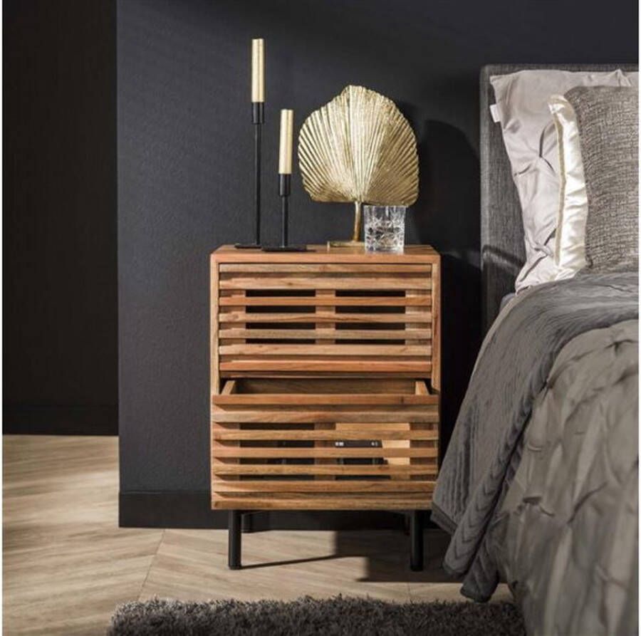 Meubelplaats Nachtkastje Rio van Massief Acaciahout met 2 Lades Speels Design Halkastje Bijzettafel 45x35x63 cm Natuurlijke Uitstraling voor Slaapkamer