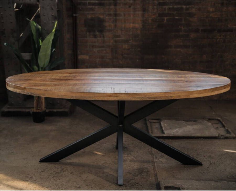 Meubelplaats Eettafel ovaal mangohout 160 x 90 cm Naturel Eettafel Mangohout Ovaal met zwarte matrixpoot van metaal 90cm breed 160x90x77cm December Deal