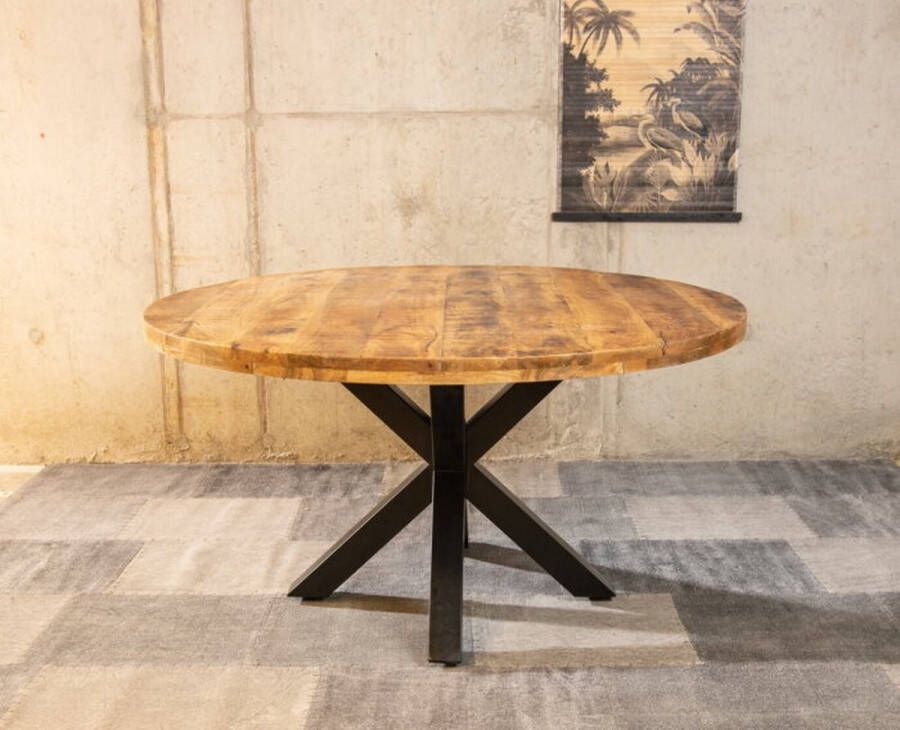 Meubelplaats Ronde Mango Eettafel Spider 110x110x77 cm Industrieel Design Massief Mangohout