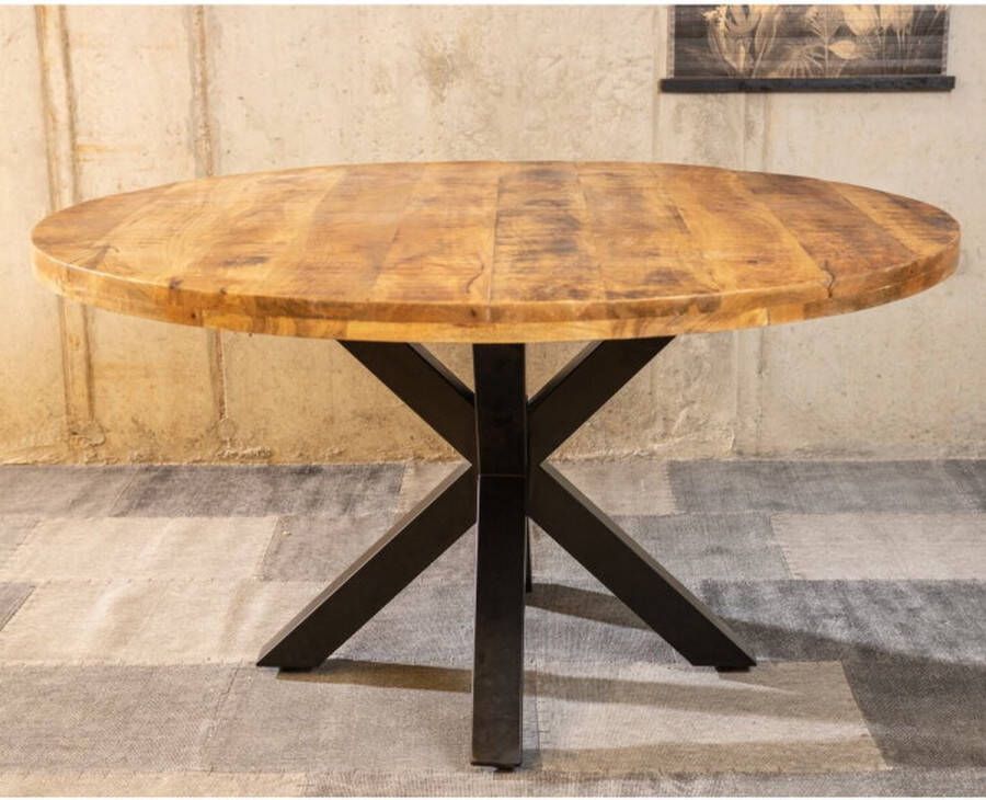 Meubelplaats Ronde Mango Eettafel Spider 120x120x77 cm Industrieel Design Massief Mangohout