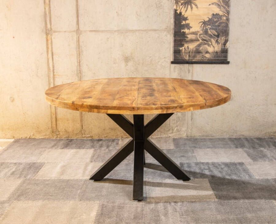 Meubelplaats Ronde Mango Eettafel Spider 130x130x77 cm 5 cm dik blad Industrieel Design Extra dik blad Massief Mangohout - Foto 2