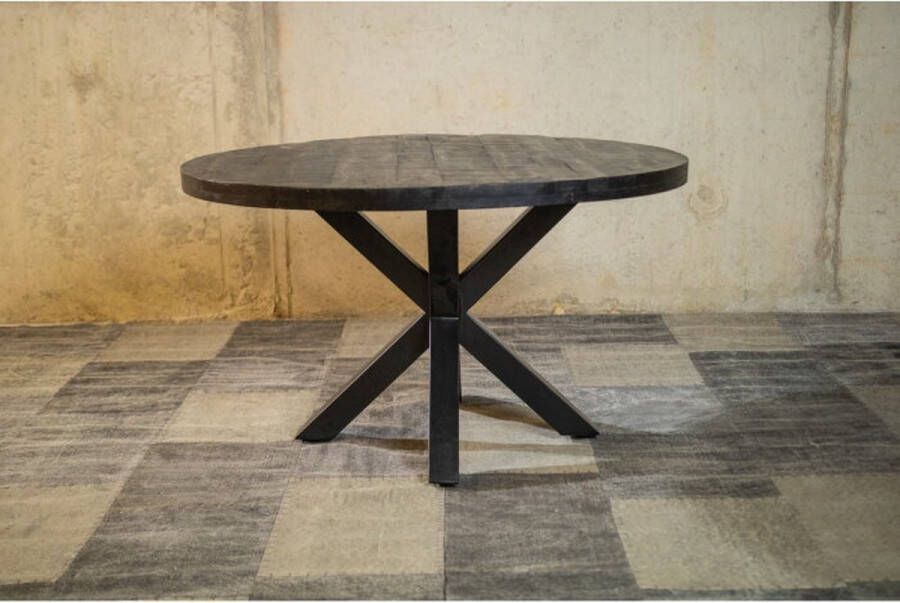 Meubelplaats Ronde Zwarte Mango Eettafel Black Spider 140 cm Industrieel Design Massief zwart Mangohout