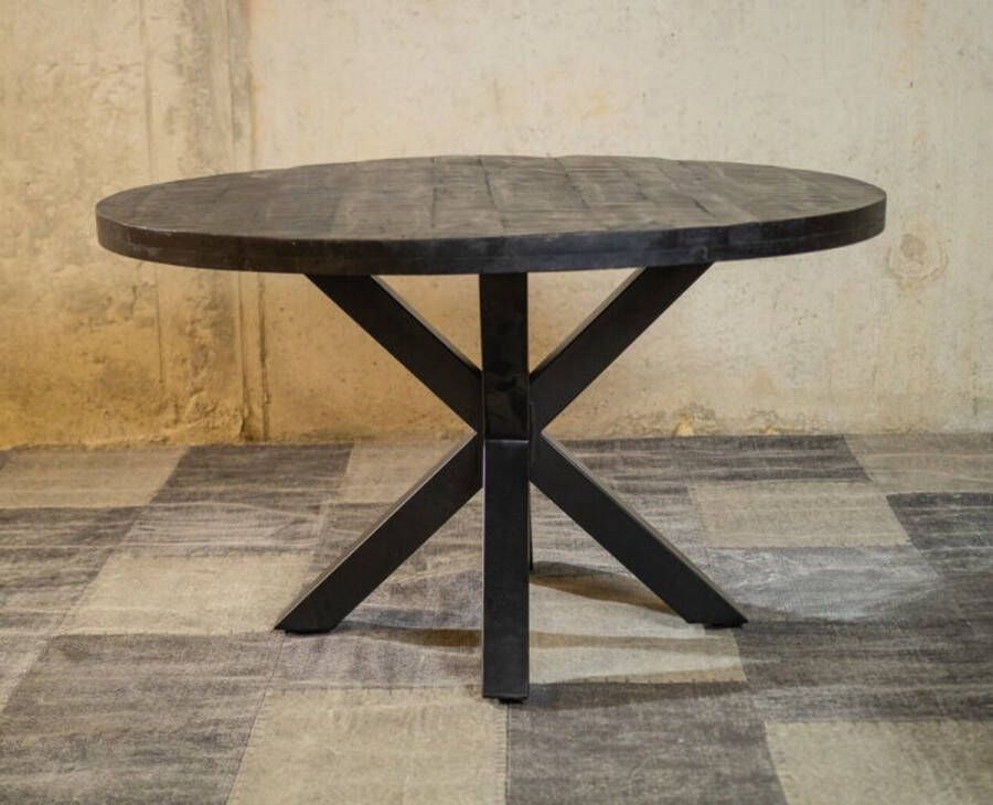 Meubelplaats Ronde Zwarte Mango Eettafel Black Spider 150 cm Industrieel Design Massief zwart Mangohout