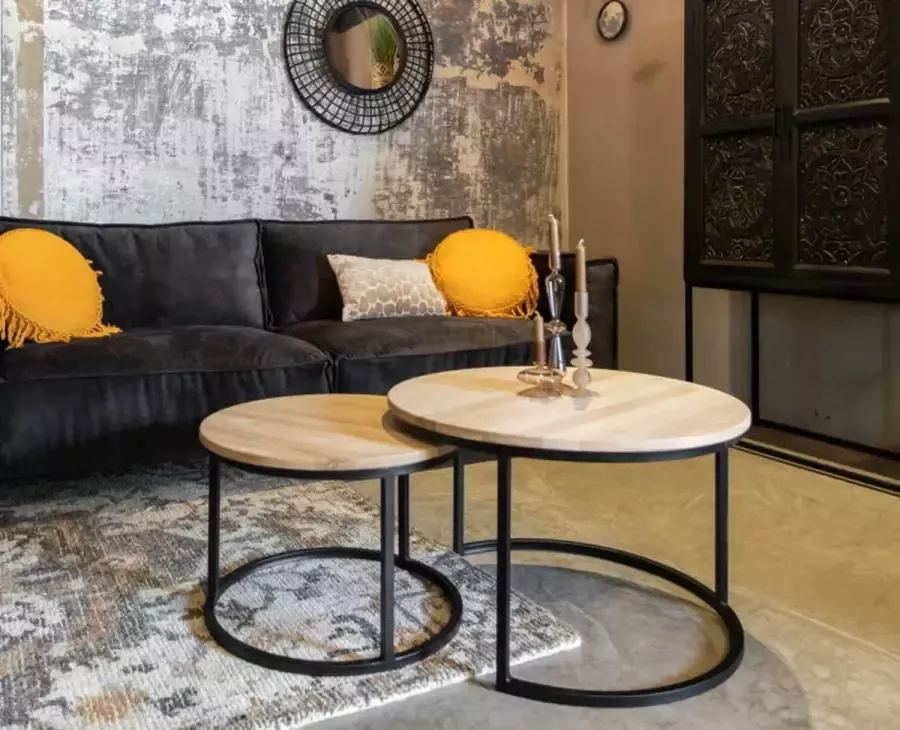 Meubelplaats Salontafel Olaf Set van 2 rond Eiken 2 cm dik blad Ronde Tafels massief eikenhout