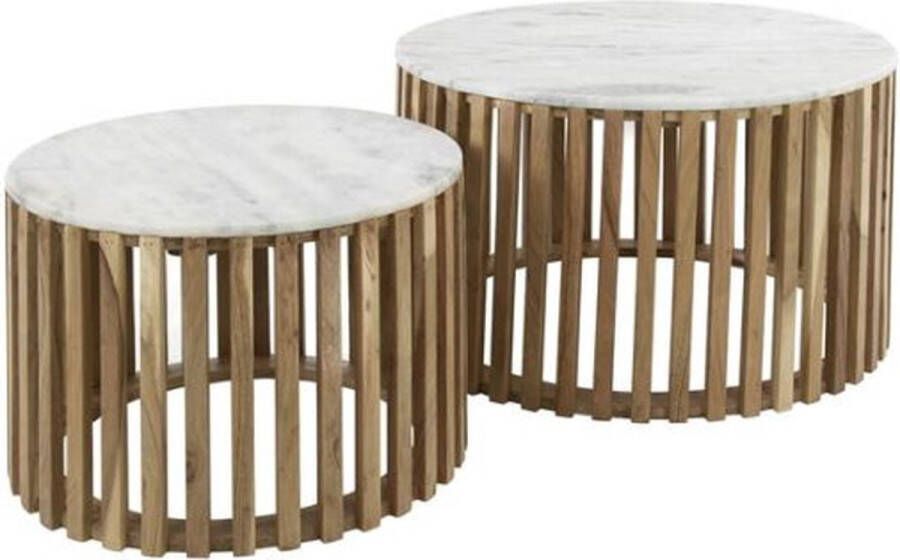 Meubelplaats Salontafel Sunset set van 2 Wit marmer met mangohouten frame ronde salontafels modern design - Foto 2