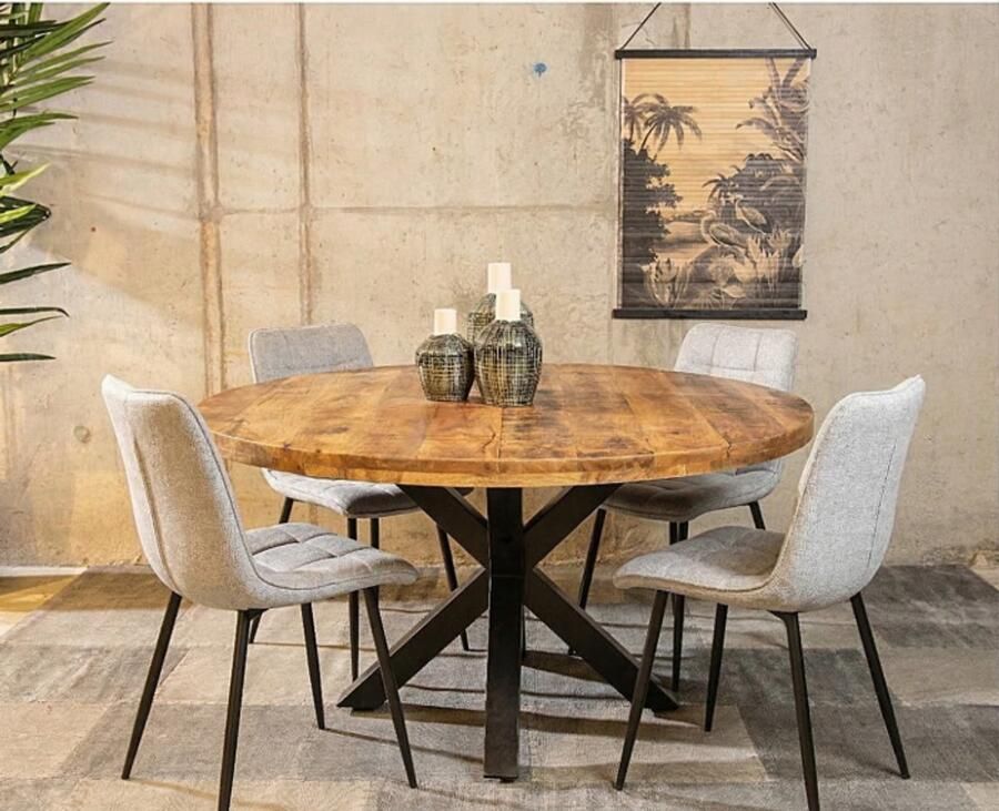 Meubelplaats Combideal Lucille : ronde eettafel Mangohout 120 cm met 4 Lucille eetkamerstoelen Stof perfect harmony Lichtgrijs Eethoek eetkamerset eettafel met stoelen - Foto 2