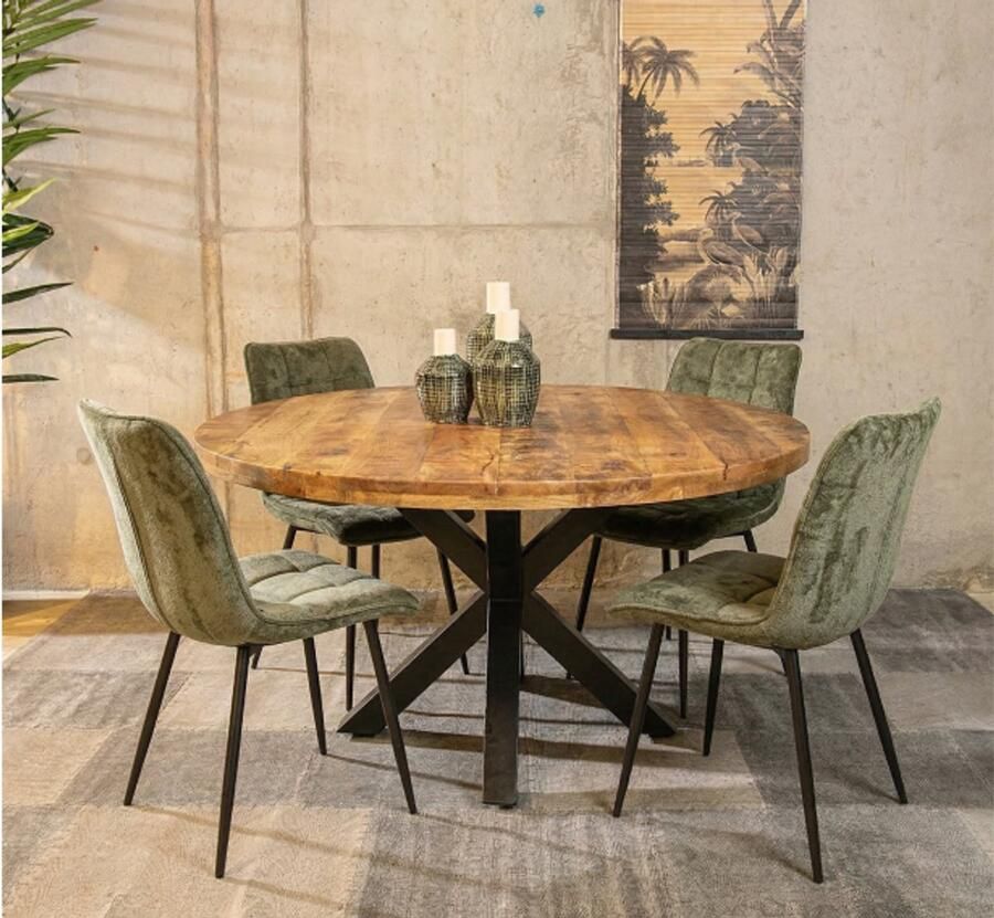 Meubelplaats Combideal Lucille: ronde eettafel Mangohout 120 cm met 4 Lucille eetkamerstoelen Stof perfect harmony Groen Eethoek eetkamerset eettafel met stoelen - Foto 2