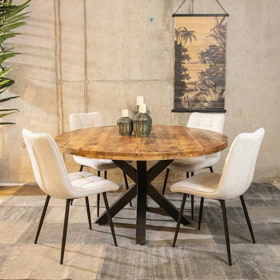 Meubelplaats Combideal Lucille: ronde eettafel Mangohout 120 cm met 4 Lucille eetkamerstoelen Stof perfect harmony Beige Eethoek eetkamerset eettafel met stoelen - Foto 2