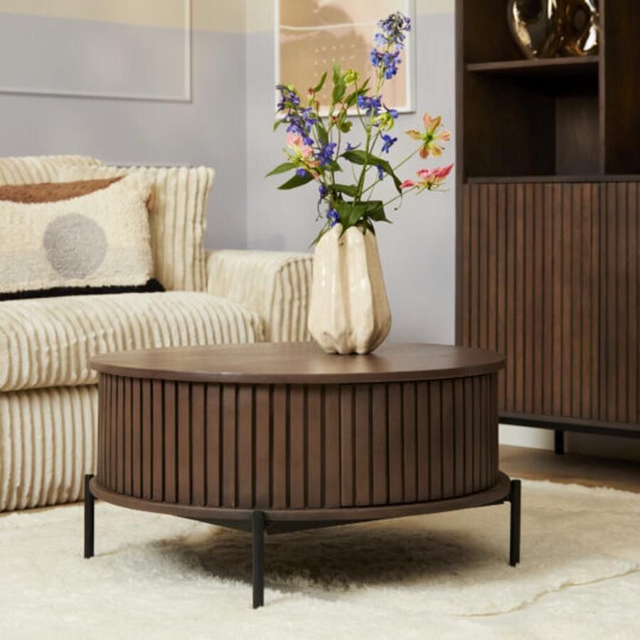 Meubels4nu Ronde Salontafel Madison 80cm Rond Mangohout Lattenpatroon Bruin Bijzettafel Snelle levering