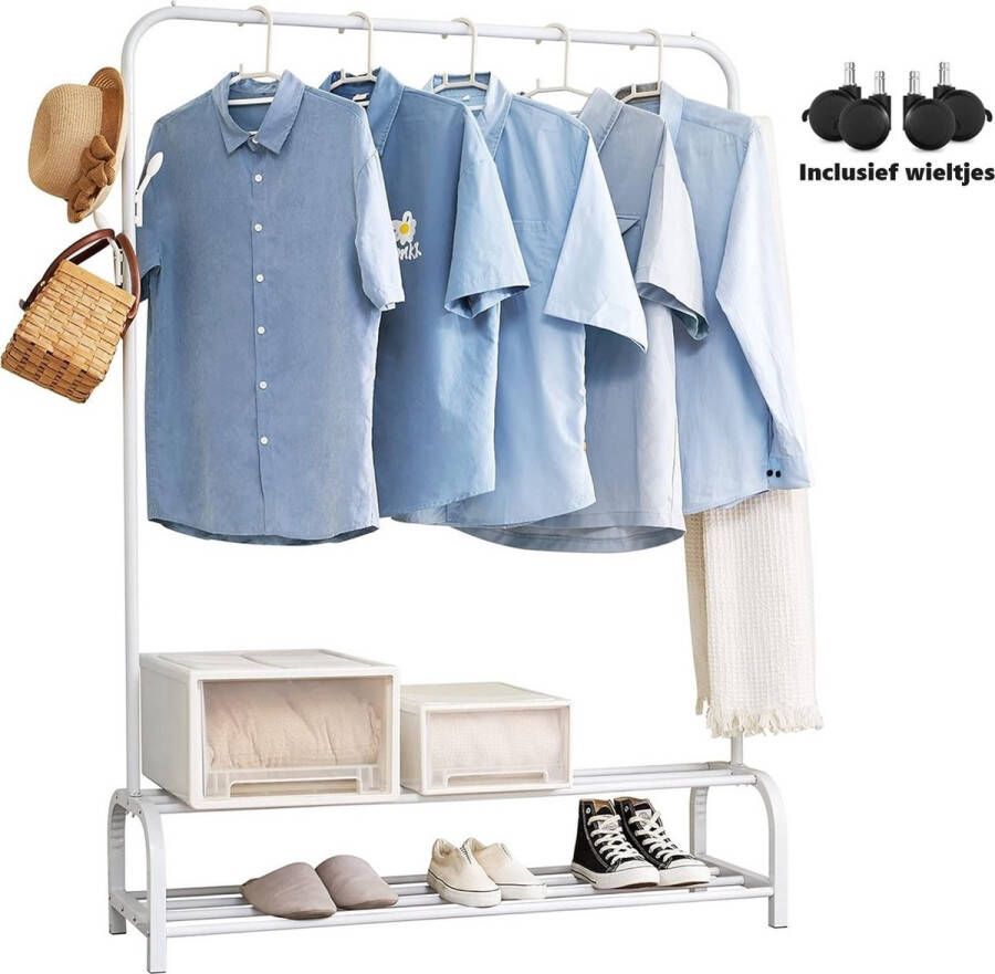 MeubelsvanJoep kledingrek wit inclusief wieltjes dressboy Kleding rek voor kledinghangers Kledingrek dubbel met schoenenrek Opbergrek voor kleding Garderoberek met 1 kledingstang Kledingrek met haken Garderoberek staand 110 x 33 x 150 CM - Foto 2