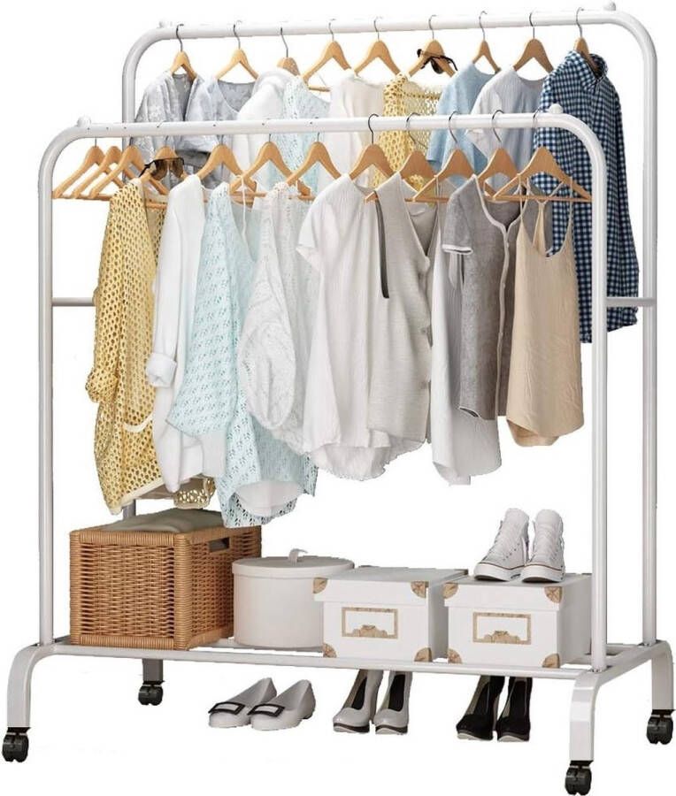 MeubelsvanJoep kledingrek wit dressboy inclusief wieltjes Kleding rek metaal voor kledinghangers Kledingrek met schoenenrek Opbergrek kleding Garderoberek met 2 kledingstangen Kledingrek met haken Garderoberek staand 110 x 54 x 150 CM