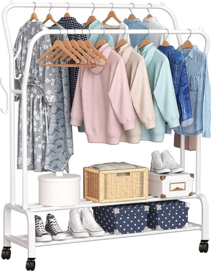 MeubelsvanJoep kledingrek wit metaal inclusief wieltjes Kledingrek voor kledinghangers Kledingrek met schoenenrek Opbergrek kleding Garderoberek met 2 kledingstangen Kledingrek met haken Kledingrek Garderoberek staand 110 x 33 x 150 CM