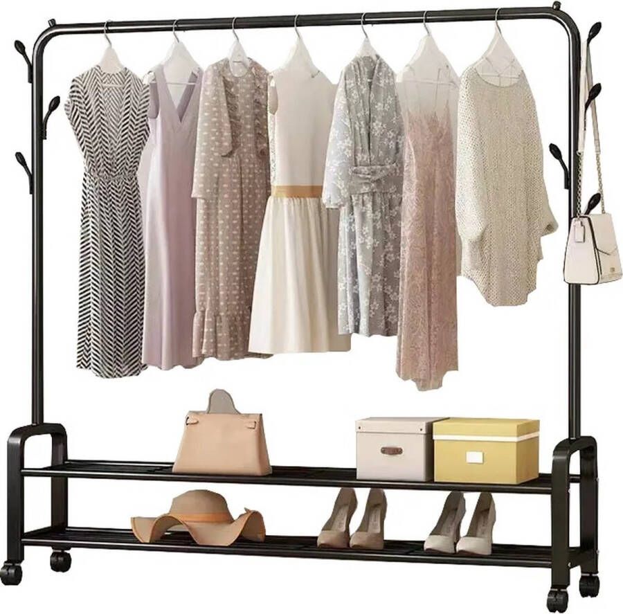 MeubelsvanJoep kledingrek zwart metaal inclusief wieltjes Kleding rek metaal voor kledinghangers Kledingrek met schoenenrek Opbergrek voor kleding Garderoberek met 1 kledingstang Kledingrek met haken Garderoberek staand 110 x 33 x 150 CM