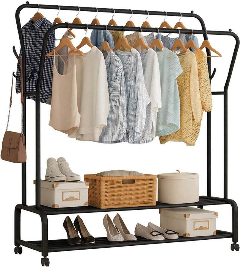 MeubelsvanJoep kledingrek zwart dressboy inclusief wieltjes Kledingrek voor kledinghangers Kledingrek dubbel met schoenenrek Opbergrek kleding Garderoberek met 2 kledingstangen Kledingrek met haken Garderoberek staand 110 x 33 x 150 CM