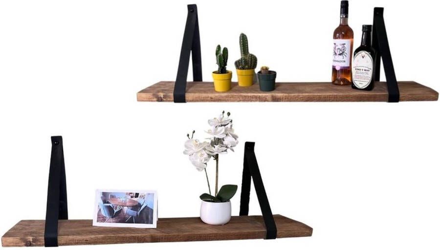 MeubelZwagerij 2 Stuks wandplank Old-look 70x20x3 cm met zwarte leren riemen en bevestigingsmateriaal