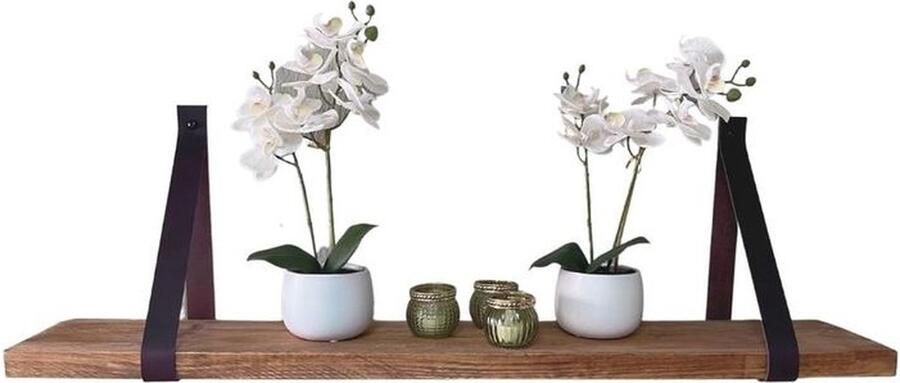 MeubelZwagerij Wandplank Steigerhout 40 cm met Zwarte leren Riemen