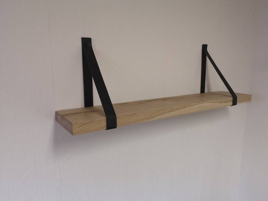 MeubelZwagerij Wandplank eiken met zwarte leren riemen 98x19x3cm (incl. schroeven en pluggen)