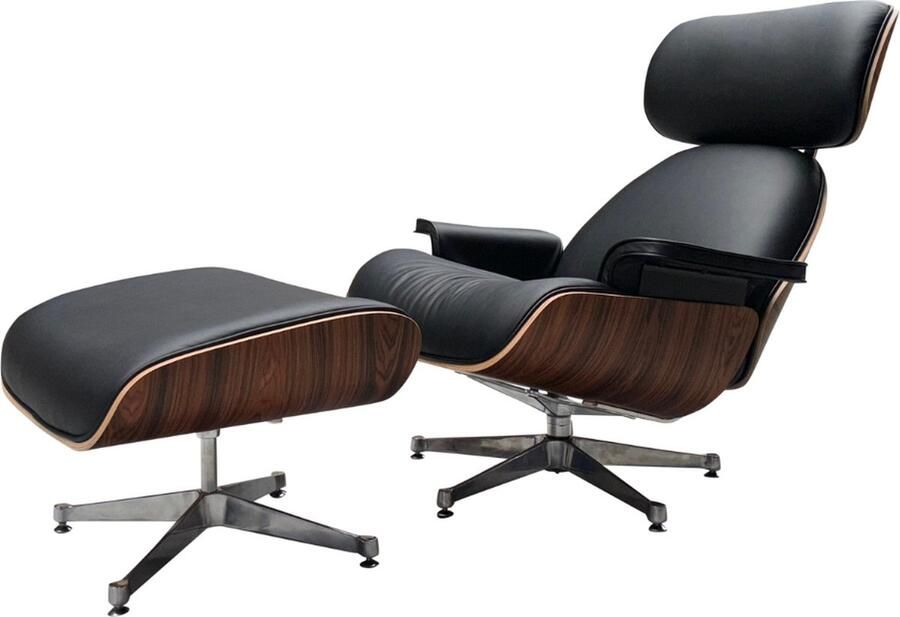 MEUBI Chair met hocker Zwart Palissander Fauteuil Relaxfauteuil Lounge Chair Leer Chrome onderstel Draaifauteuil - Foto 2