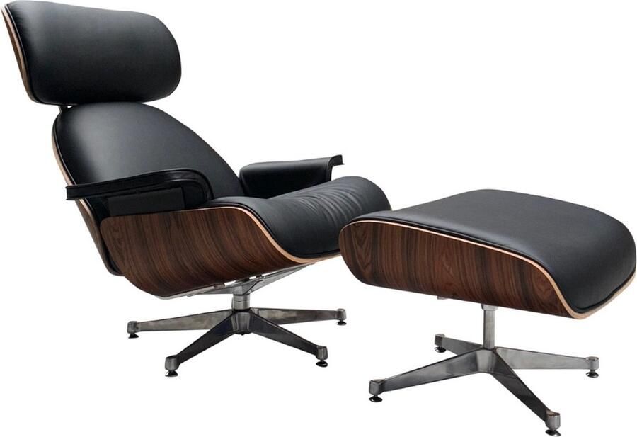 MEUBI Chair met hocker Zwart Palissander Fauteuil Relaxfauteuil Lounge Chair Leer Chrome onderstel Draaifauteuil - Foto 5