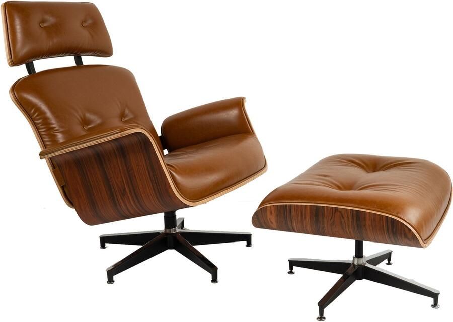 Meubilair Lounge Chair XL met Extra hoge rugleuning + Hocker Cognac Bruin Palissander Meubi Fauteuil Set